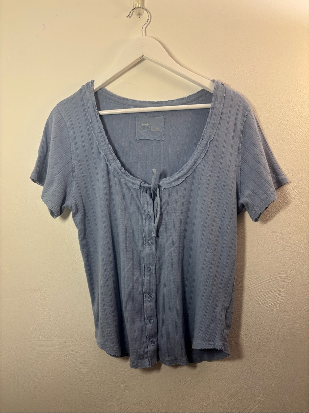 Aerie Blue Ribbed Short Sleeve Button-Front Top with Tie Size XL